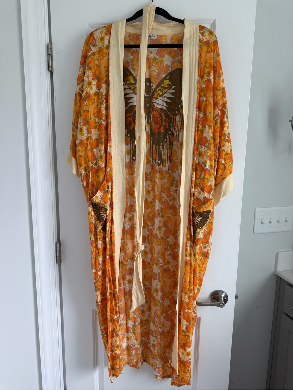 New Henelle Lauren Canyon Bohemian Orange Yellow Floral Butterfly Robe One Size - Picture 10 of 11